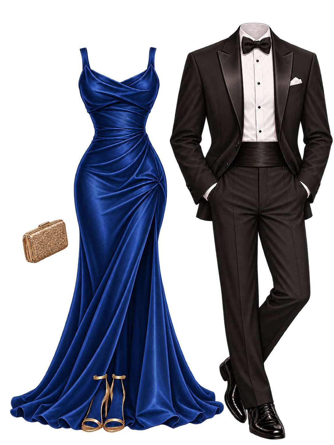 Formal burgundy evening gown paired with black tuxedo