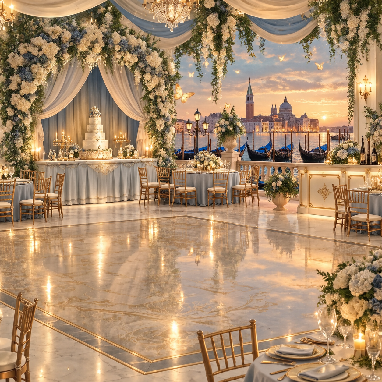 Venetian reception with view of Grand Canal at sunset